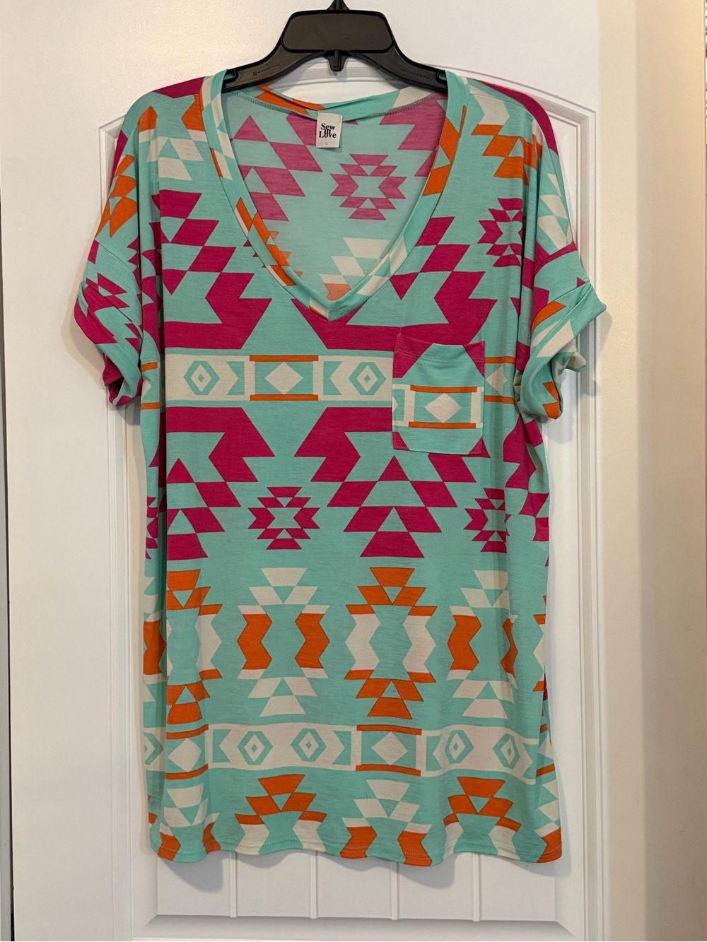 Sew In Love Turquoise V-Neck Top with Pink & Orange Geometric Print